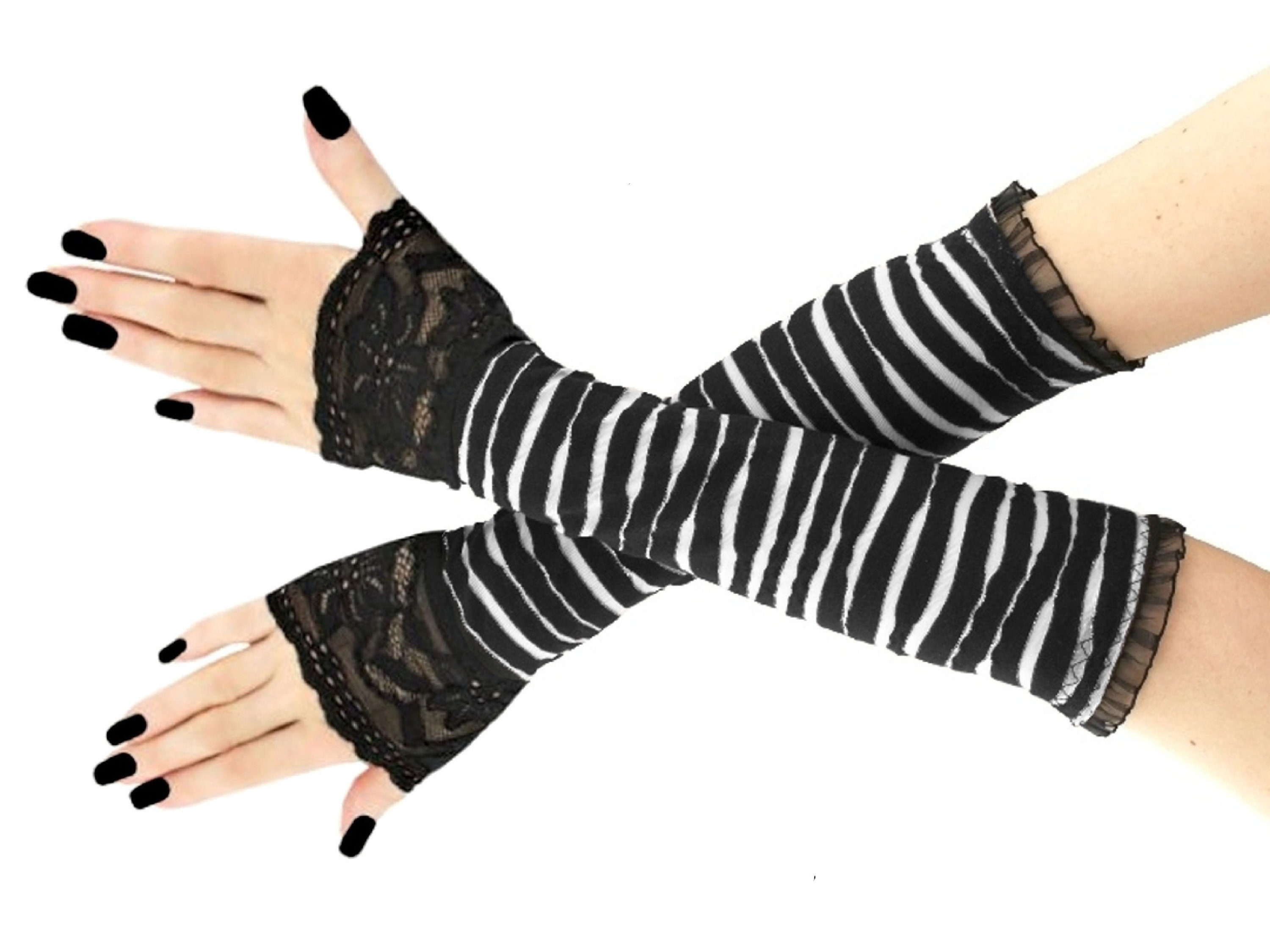 Black Lace Trim Fingerless Opera Gloves, Gothic Arm Warmers