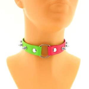 Spiked Biothane Choker Neon Pink & Green Vegan Leather O-Ring Collar