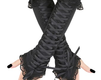 Gothic black women gloves, goth fingerless evening warmers gloves costume cosplay carneval lacing corset glove handmade all sizes