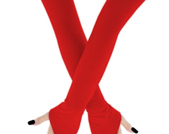 Red 20-Inch Opera Gloves with Pointed Finger Loop – Elastic Fabric Gauntlets
