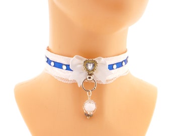 Kawaii blue white collar choker satin bow with gem o ring heart pendant neko princess jewel with glass stones handmade made to order