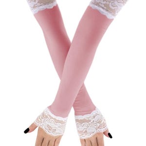 Rode extra lange vingerloze operahandschoenen met wit kant, armwarmers voor dames, handschoenen tot ellebooglengte armmouwen elegant kostuum, handgemaakte geschenken