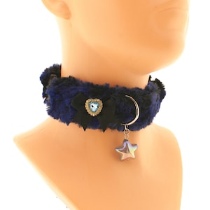 Kitten Pet Play Collar Choker Blue Black Fluffy Soft Collars Bow Star Cosplay Buckle Puppy Play Costume Artificial Fur Kawaii Neko Costume