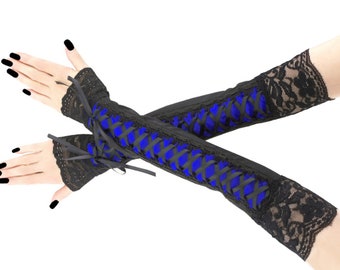 Black blue womens gloves, gothic extra long fingerless gloves, evening goth arm warmers, burlesque carneval gloves, lacing corset gloves