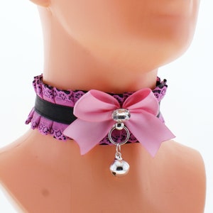 Pink black kitten pet play collar satin choker necklace with organza ring bow and bell kawaii neko princess handmade gift more sizes