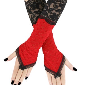 Womens gloves red black lace fingerless evening warmers sleeves burlesque elegant formal gloves gothic costume handmade gift made to order