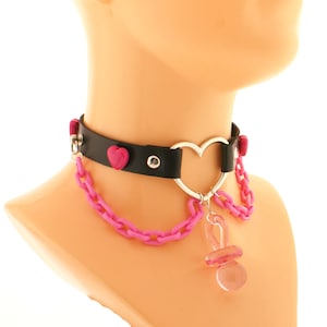Vegan Leather Collar, Pastel Kawaii Emo Goth Choker, Necklace Collar Day Heart Choker Plastic Chain Pendant pacifier cosplay costume