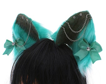 Fluffy kitty cat ears, cat ears headband neko ears, green black faux fur realistic kitty ears, cosplay anime ears, petplay kitten ears