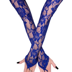 Womens Blue Lace Gloves Long Arm Warmers Covers Steampunk Cosplay Costume Gothic Wedding Goth Outfit Gloves with Finger Loops Handmade Gift