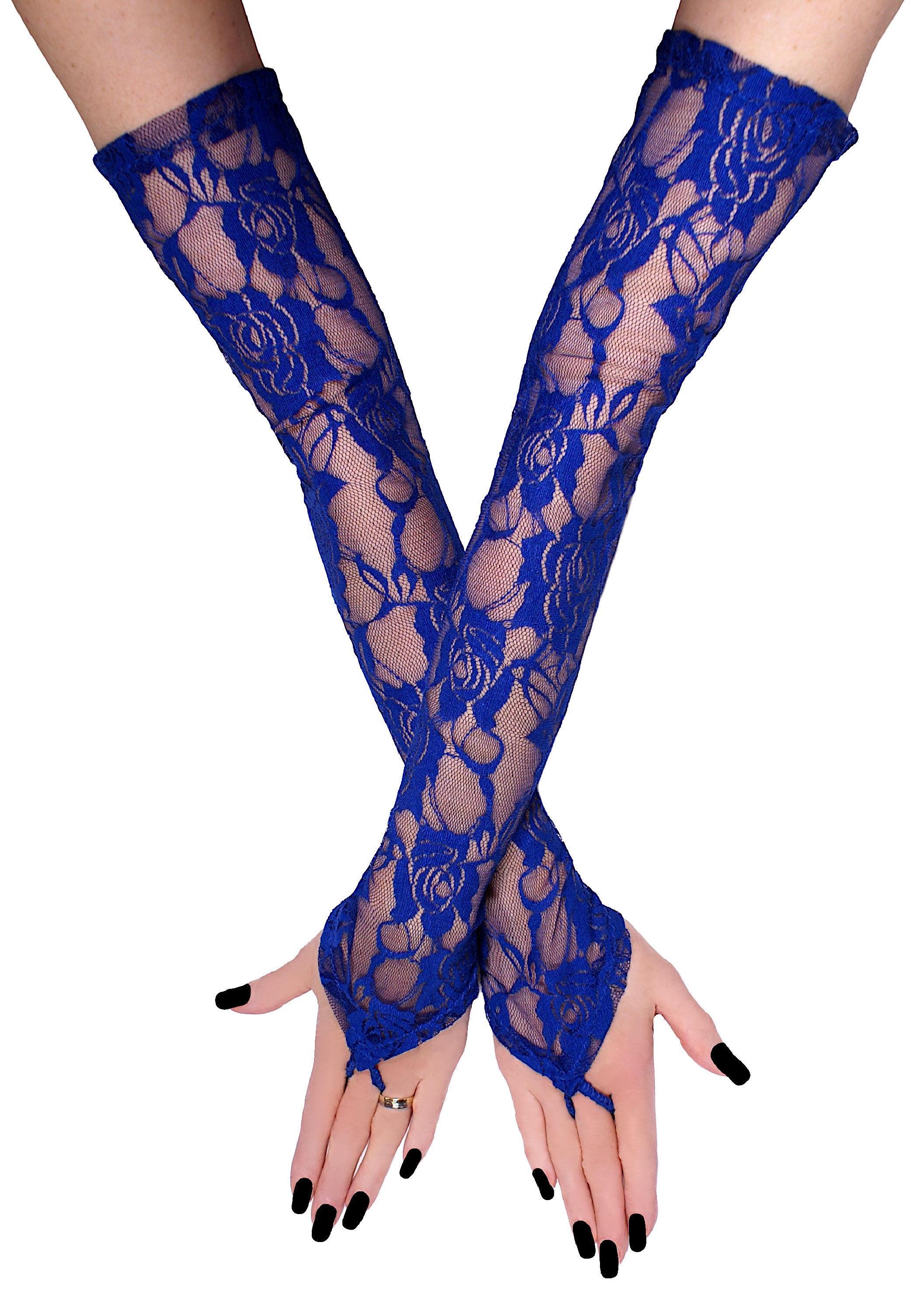 Blue Lace Fingerless Gloves Long Opera Evening Arm Warmers, Cosplay Costume