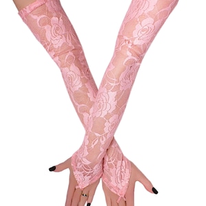 Extra Long Salmon Lace Fingerless Gloves with Finger Loop, 20 Inch Opera Bridal Wedding Sleeves, Romantic Peach Arm Warmers, XS to 3XL Size
