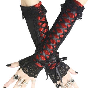 Black red womens gloves fingerless gothic gloves evening long warmers gloves womens carneval lacing corset gloves elbow length glove costume