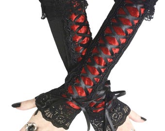 Black red womens gloves fingerless gothic gloves evening long warmers gloves womens carneval lacing corset gloves elbow length glove costume