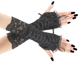 Gants gothiques pour femmes tous noirs mitaines longueur coude chauffe-longues gants longs goth gants de cérémonie costume gothique laçage corset