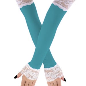 Blauwe extra lange vingerloze operahandschoenen met kant, armwarmers voor dames, handschoenen tot ellebooglengte armmouwen elegant formeel kostuum, handgemaakte geschenken