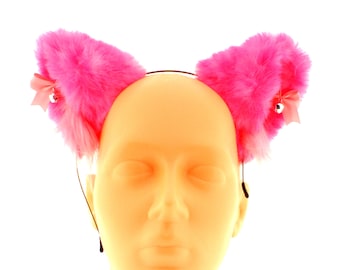 Neon Pink Fluffy Cat Ears Headband with Bells, Faux Fur Animal Cosplay Hair Accessories