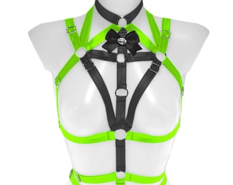 Neon Green Elastic Harness, Adjustable Festival Rave Wear, Handmade Cyberpunk Body Cage, XS to XL, Lime Green Strappy Top, Party Outfit Gear