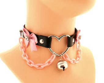Vegan Leather Collar Kawaii Heart Coker Plastic Chain, Satin Pink Bow Cute Choker Necklace, Bow Collar with Pendant Bell Pastel Choker