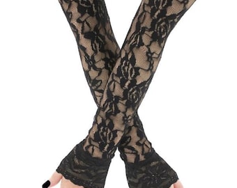 Guantes extralargos sin dedos de encaje negro, calentadores de brazos de noche de ópera de 50 cm con ribete de encaje, mangas góticas para bodas, tallas grandes XS-3XL, hechos a mano.