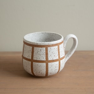 Handmade Pottery - 10oz. Ceramic Coffee Mug, Grid Linear Design in Speckled White and Brown