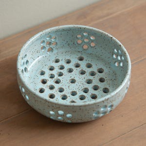 Handmade Pottery - Ceramic Berry Bowl, Small Produce Colander in Robin's Egg Blue