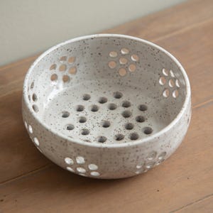 Handmade Pottery - Ceramic Berry Bowl, Small Produce Colander in Speckled White Glaze