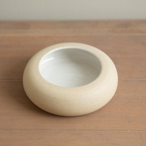 Handmade Pottery - Small Ceramic Ikebana Vase Bowl, Round Modern in Raw, Unglazed Buff Clay with White Glaze Interior