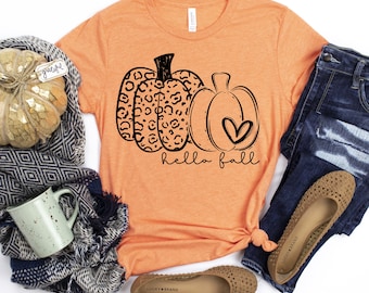 Hello Fall Leopard Pumpkin Shirt, Leopard Print Pumpkin Fall Shirt, Ladies Fall Shirt, Halloween Pumpkin Shirt, Leopard Halloween Tee