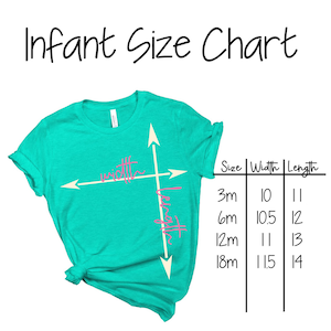 May include: Infant size chart with measurements in inches for width and length. The chart shows sizes 3m, 6m, 12m, and 18m.