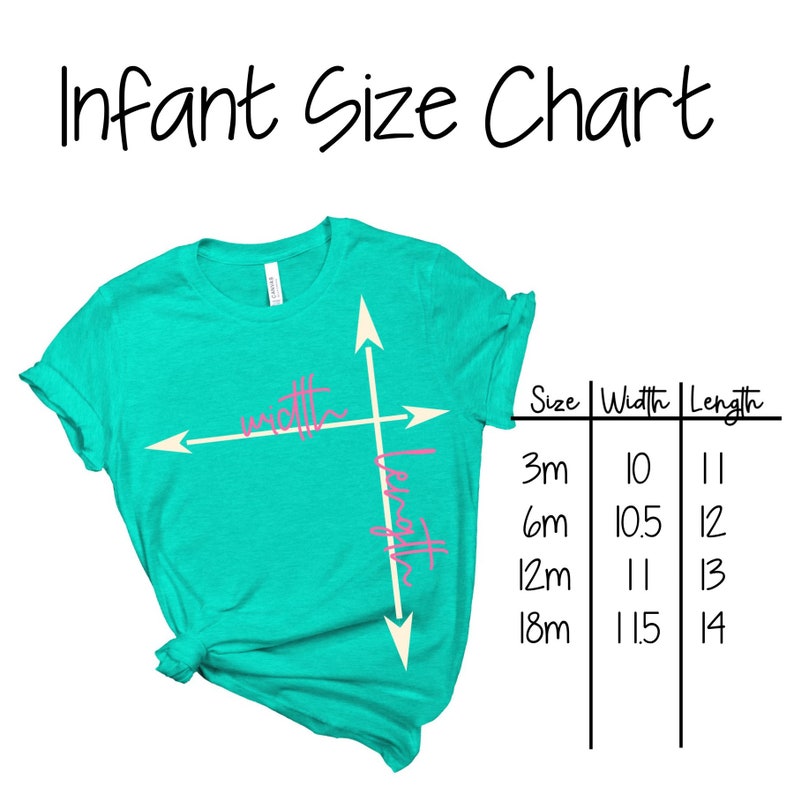 May include: Infant size chart with measurements in inches for width and length. The chart shows sizes 3m, 6m, 12m, and 18m.