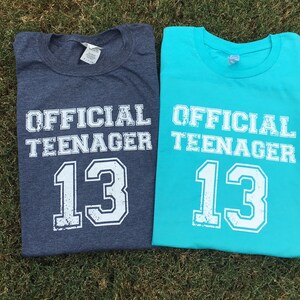 May include: Two t-shirts, one blue and one turquoise, with the text "OFFICIAL TEENAGER 13" printed on them.