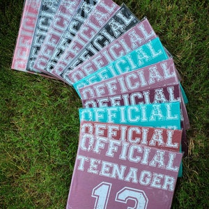 May include: A stack of maroon, teal and black t-shirts with the text "OFFICIAL TEENAGER 13" printed on the front.