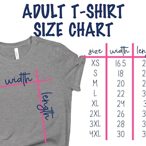 May include: A gray t-shirt with a size chart showing width and length measurements in inches for different sizes: XS, S, M, L, XL, 2XL, 3XL, and 4XL.