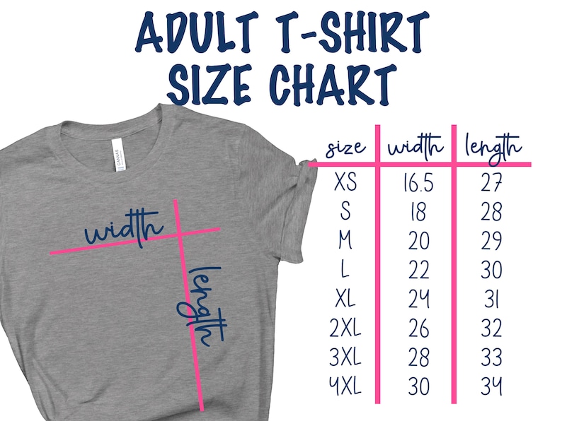 May include: A gray t-shirt with a size chart showing width and length measurements in inches for different sizes: XS, S, M, L, XL, 2XL, 3XL, and 4XL.