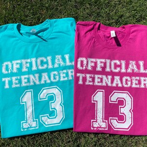 May include: Two t-shirts, one turquoise and one pink, with the text "OFFICIAL TEENAGER 13" in white.
