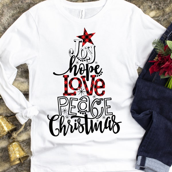 Joy Hope Love Peace Red Buffalo Plaid Christmas Tree Shirt, Christmas Pajama  Shirt, Family Christmas Shirt, Christmas Star, Christmas Tee