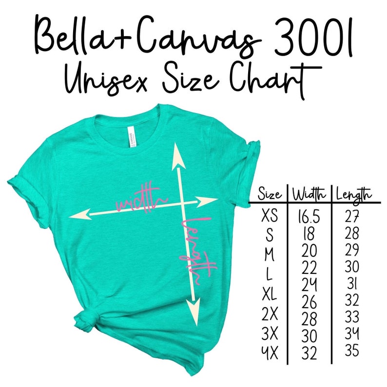 May include: A unisex size chart for Bella + Canvas 3001 t-shirts. The chart shows the width and length measurements in inches for sizes XS to 4XL.