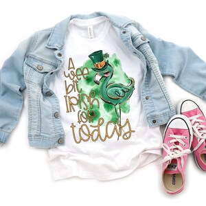 May include: A white t-shirt with a green flamingo wearing a green leprechaun hat and gold trim. The shirt has the text "A wee bit Irish for today" in gold lettering.