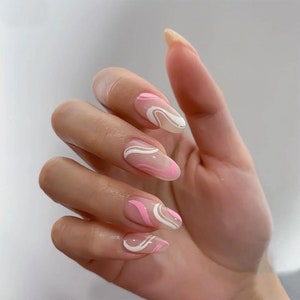 Pink and White Swirly Fake Nails Wave Long Oval Press on Nail Nails with Pink Waves Designs Fake Nails Glue On Nails Stick On Nails