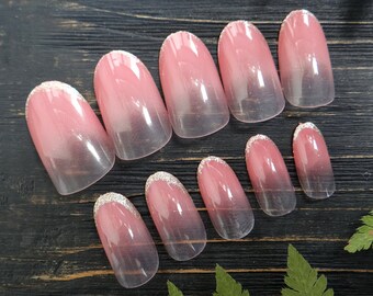 Pink White Ombre Press on nails Baby Boomer Artificial glue nails Reusable false nails Fake Acrylic Nails Oval French Glitter Bridal nails