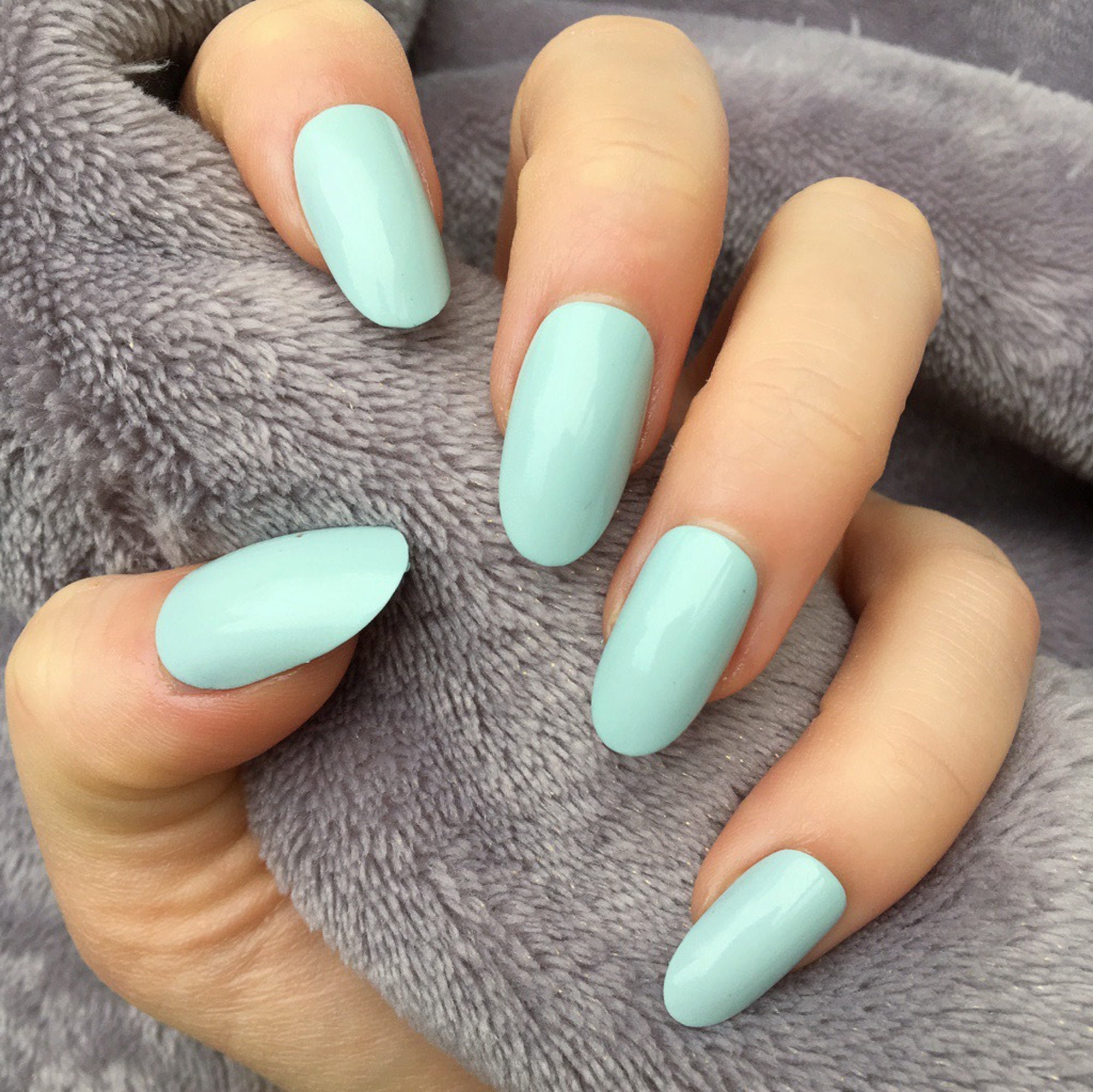 Mint Blue Fake Nails Reusable False Nails Medium Oval Stick on Etsy