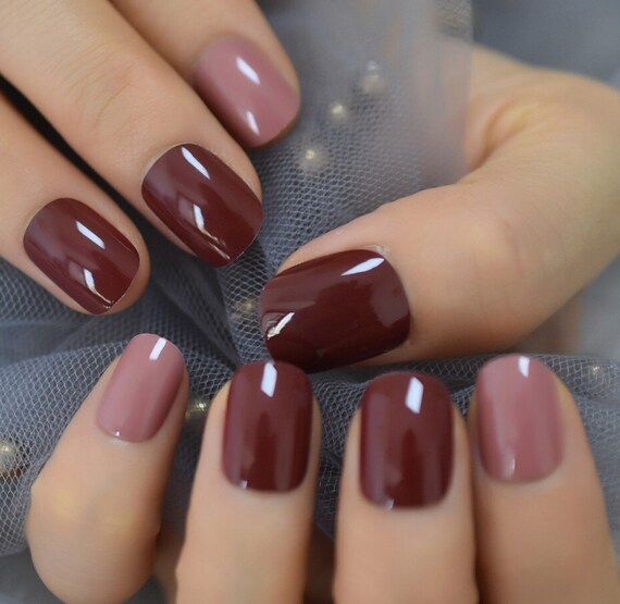 Dark Red And Brown French Press On Nails Short Nails Fake Etsy Canada