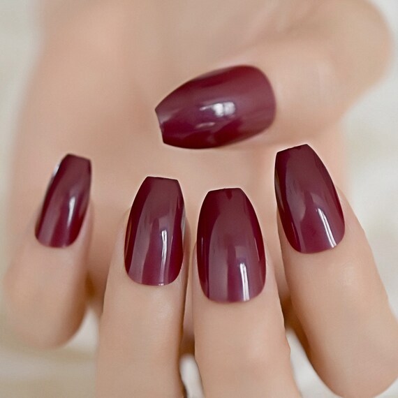 Dark Red False Coffin Press On Nails Maroon Red Glue On Nail Etsy New Zealand