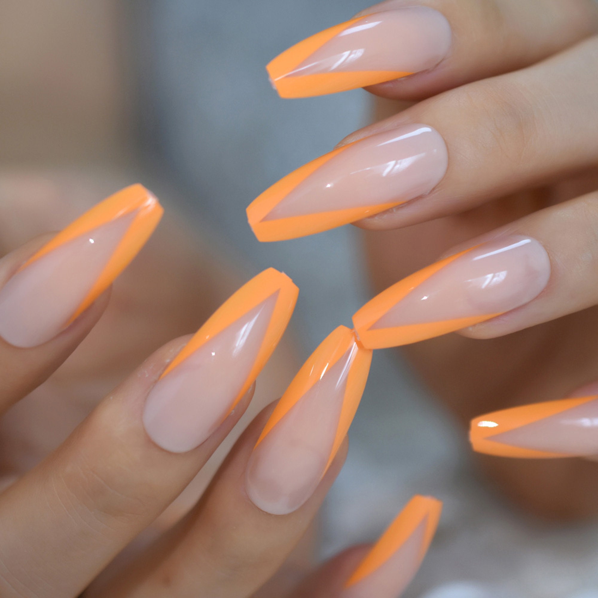 Long Coffin With Orange V Shape Press On Nails Orange French Etsy Long Coffin With Orange V Shape Press On Nails Orange French Etsy