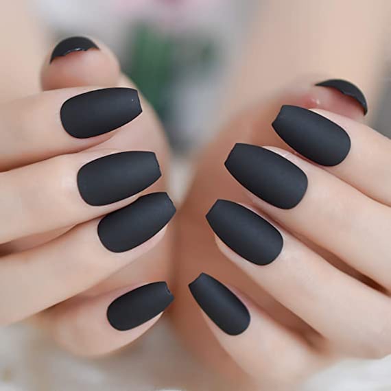 Black Matte Press on Nails False Coffin Nails Frosted Black Ballerina  Medium Fake Nails Reusable Set of 24 False Nail Stick on Acrylic Nails 