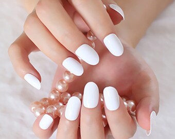 White False Nails Reusable Press On nails Medium Oval stick on Fake Nails Wedding Reusable nail Almond Bridal Acrylic nail