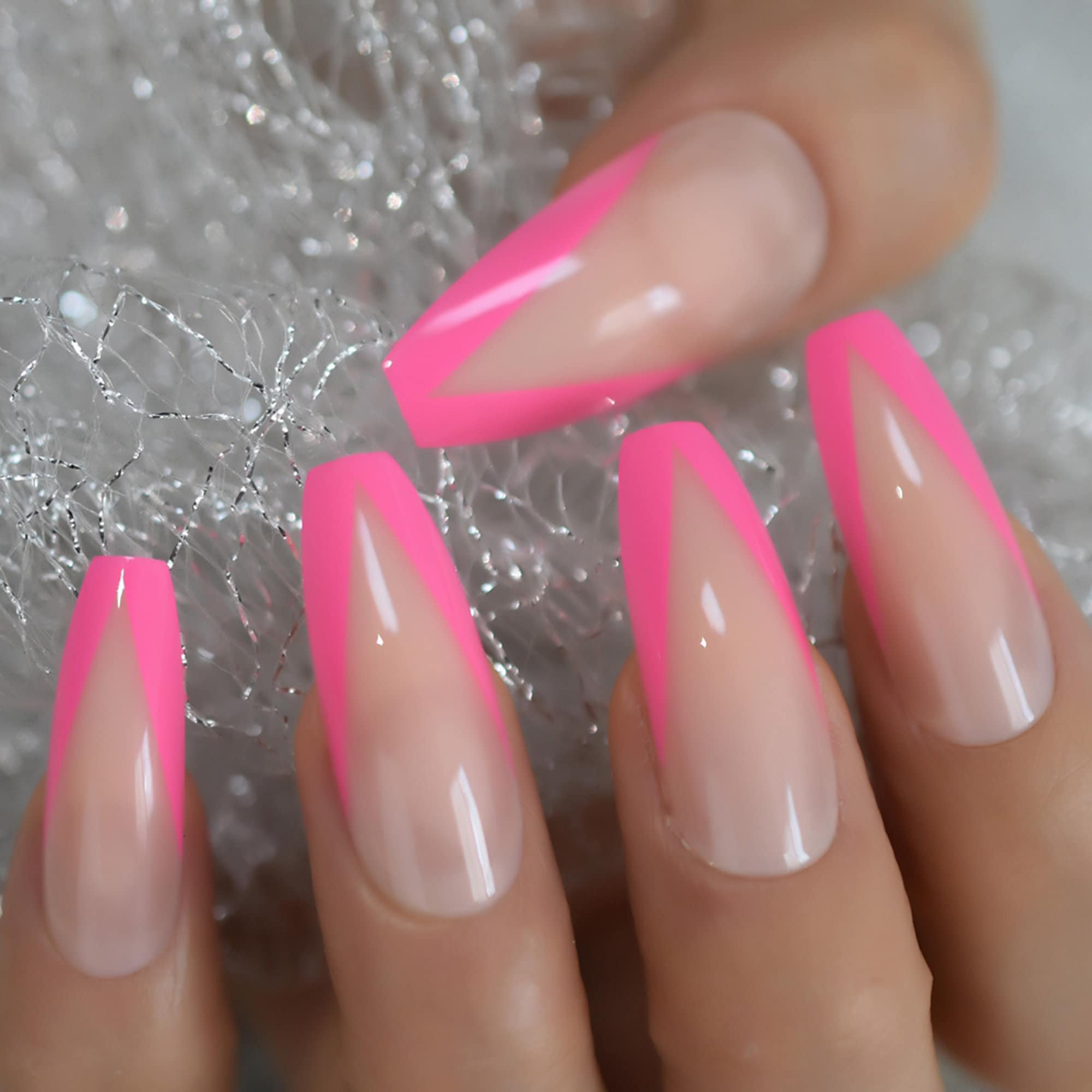 Long Pink Coffin French V Shape Press On Nails Pink French Etsy Singapore