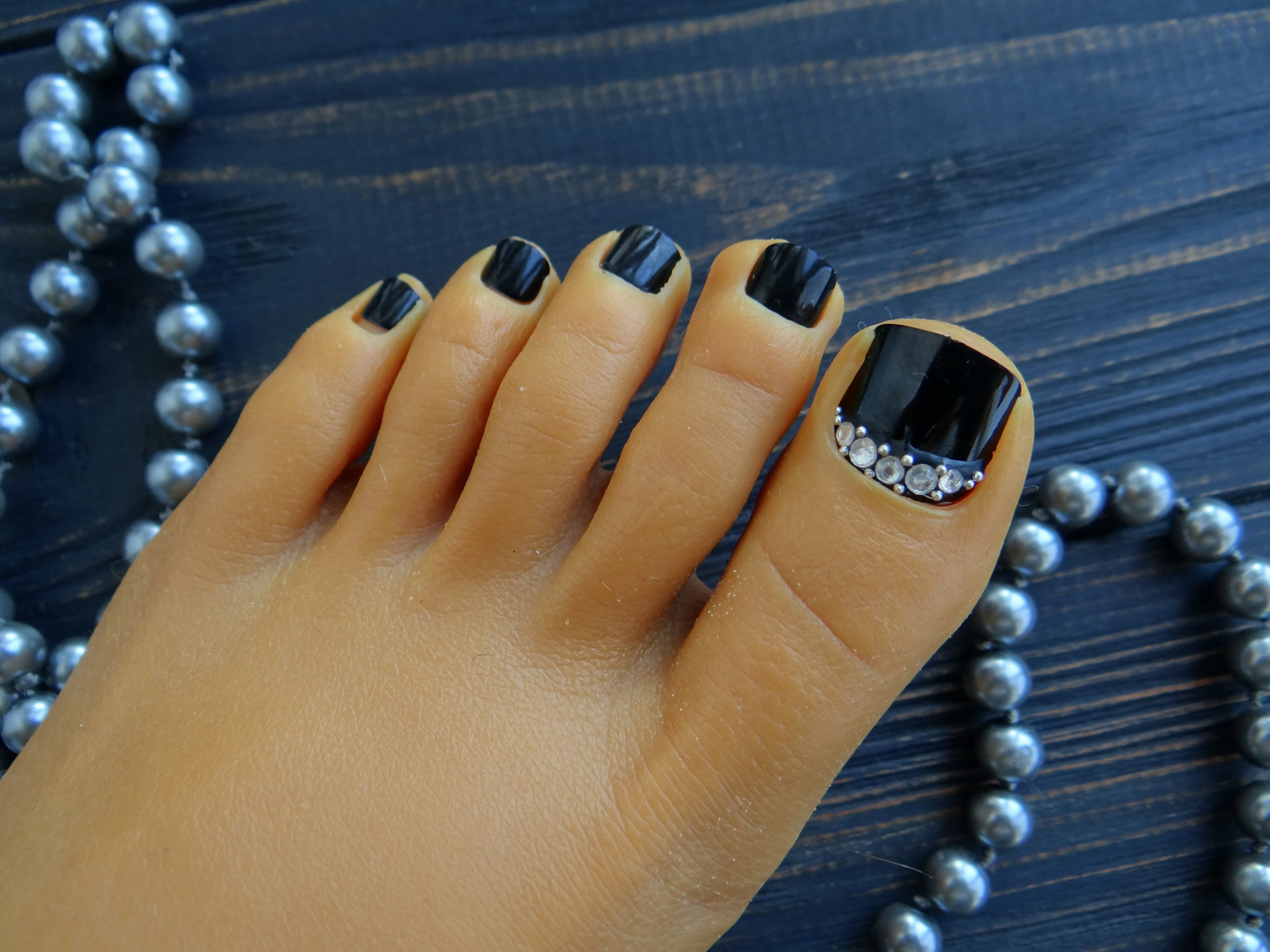 Black Fake Toenails Rhinestone False Toe Nails With Glue Press on