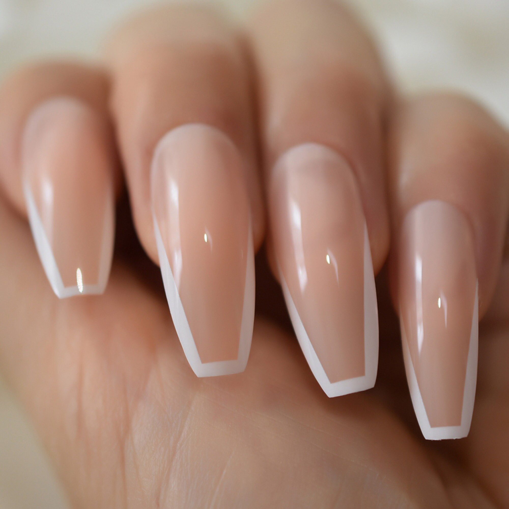 Long Coffin Press on Nails White Lined French False Nail Tips Vshape