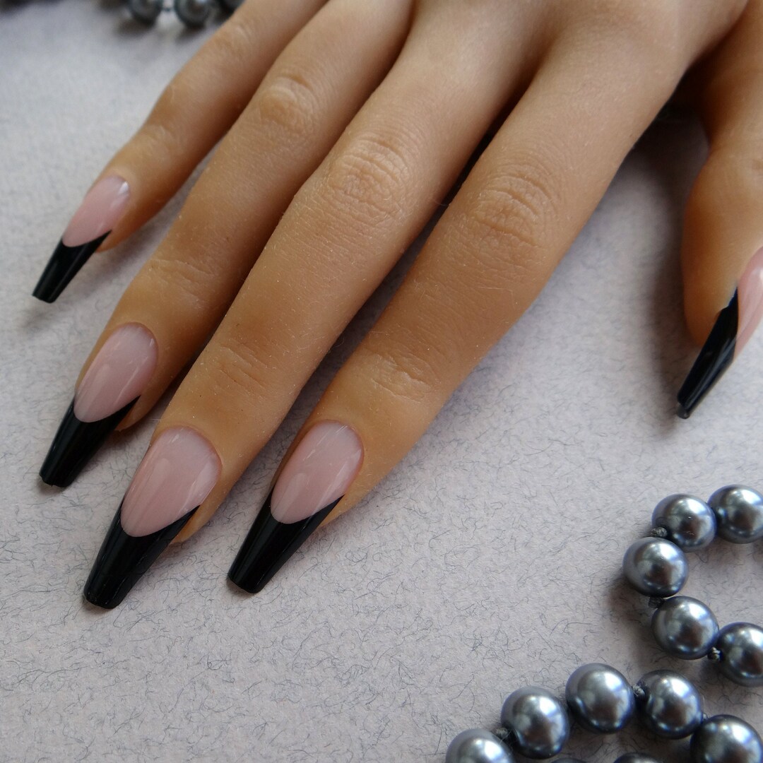  Black French Tip Press on Nails Medium Coffin,KQueenest Soft Gel  Natural Nude Fake Nails Acrylic Customize Nails